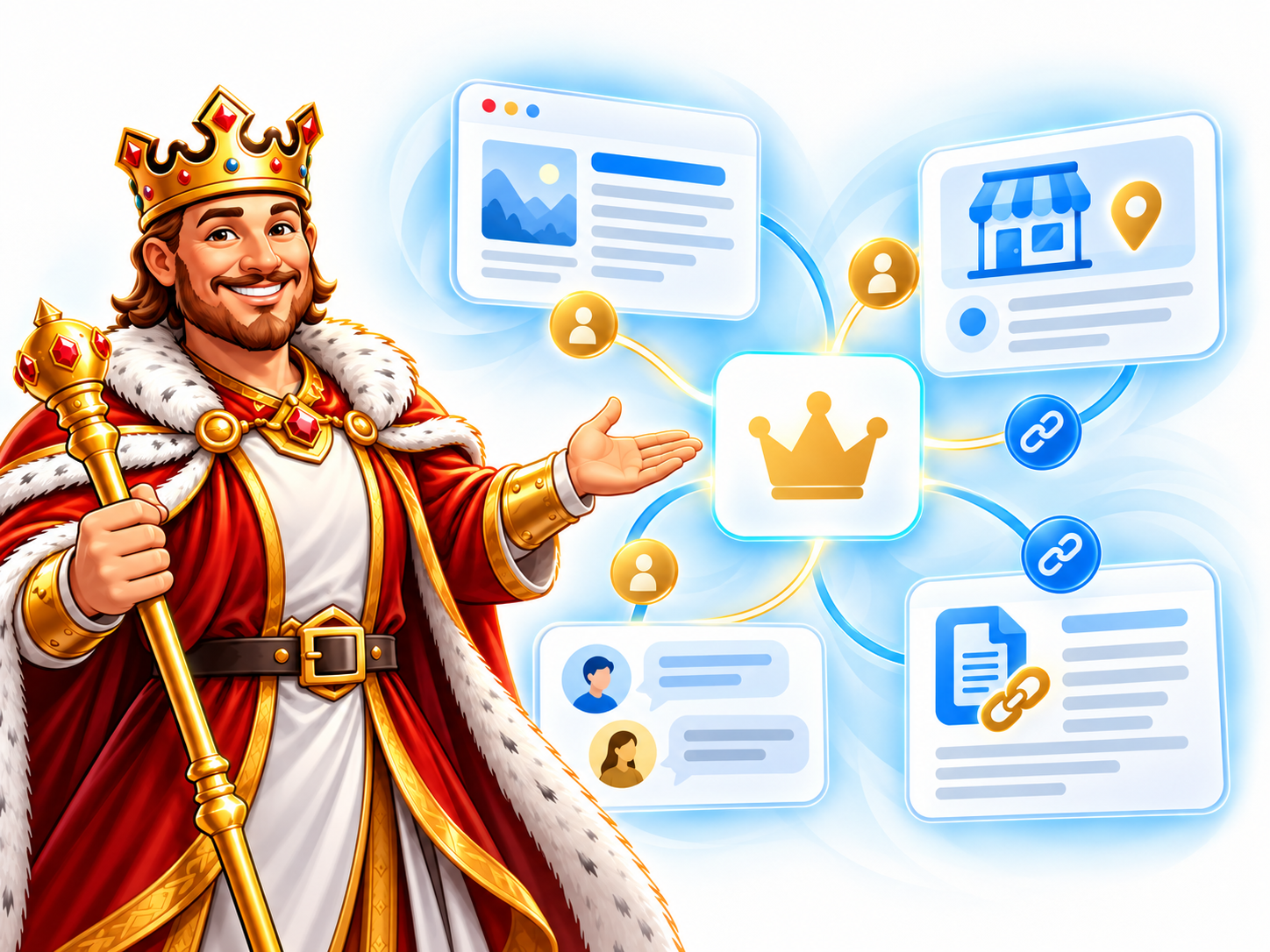 AEO King connecting a brand with editorial articles, business profiles, communities, and backlinks